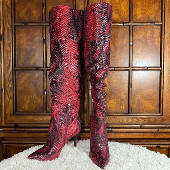 Jessica Simpson Loury Wicked Red Nuevo Stretch Python Textured Faux Leather Boot - Picture 1 of 15